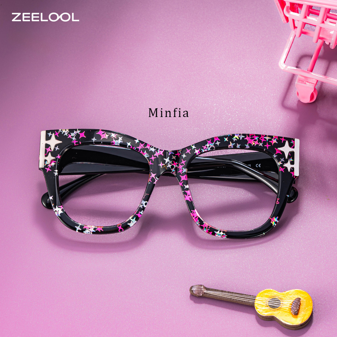 Minfia Schwarz-Sternmuster Quadratisch Acetat Brille1