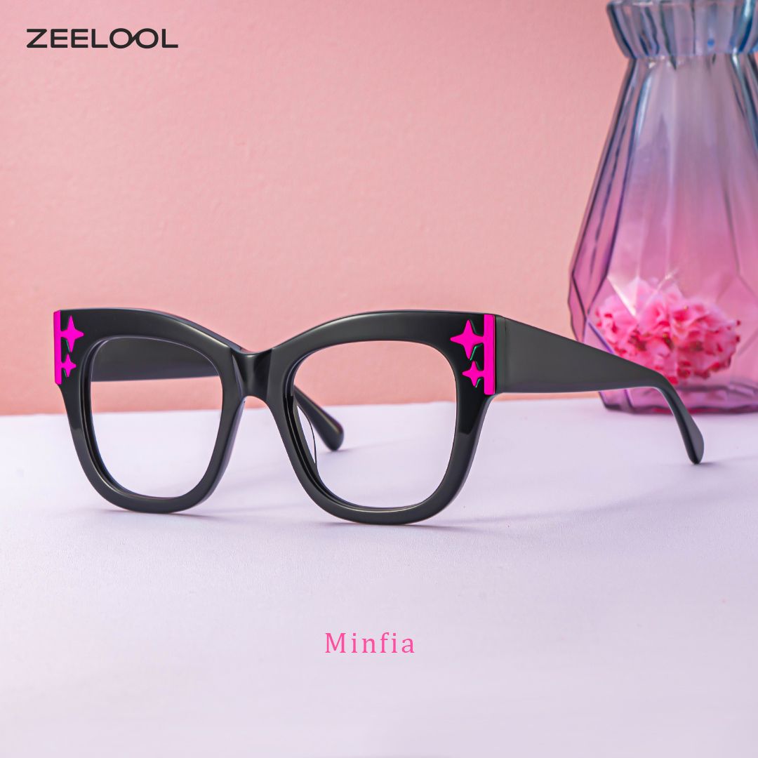 Minfia Schwarz-Rosa Quadratisch Acetat Brille0