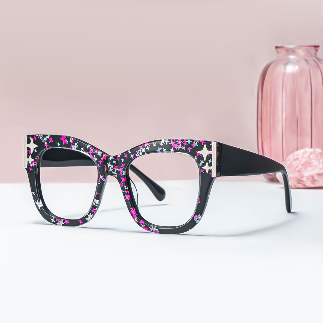 Minfia Schwarz-Sternmuster Quadratisch Acetat Brille0
