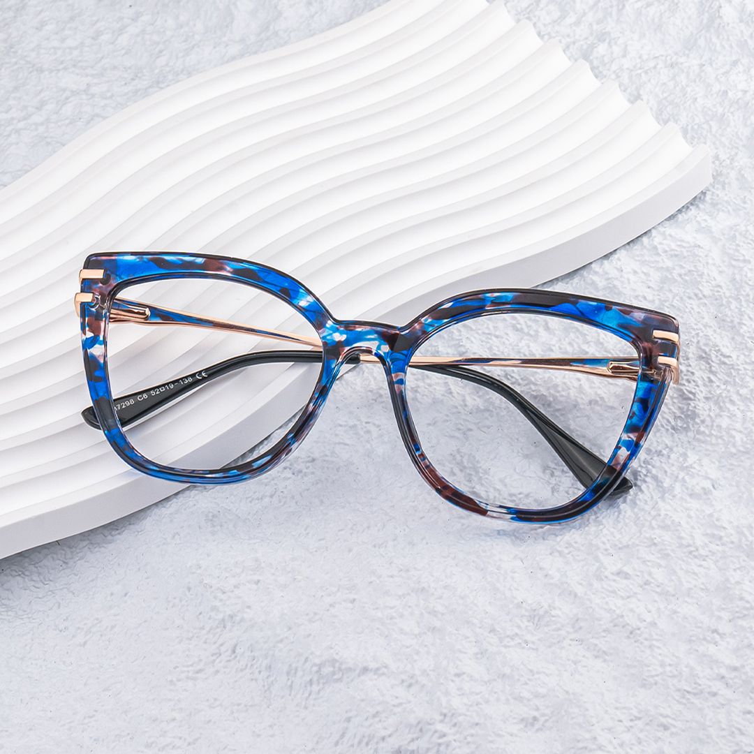 Caitlyn Blumendruck-Blau Cateye Brille0