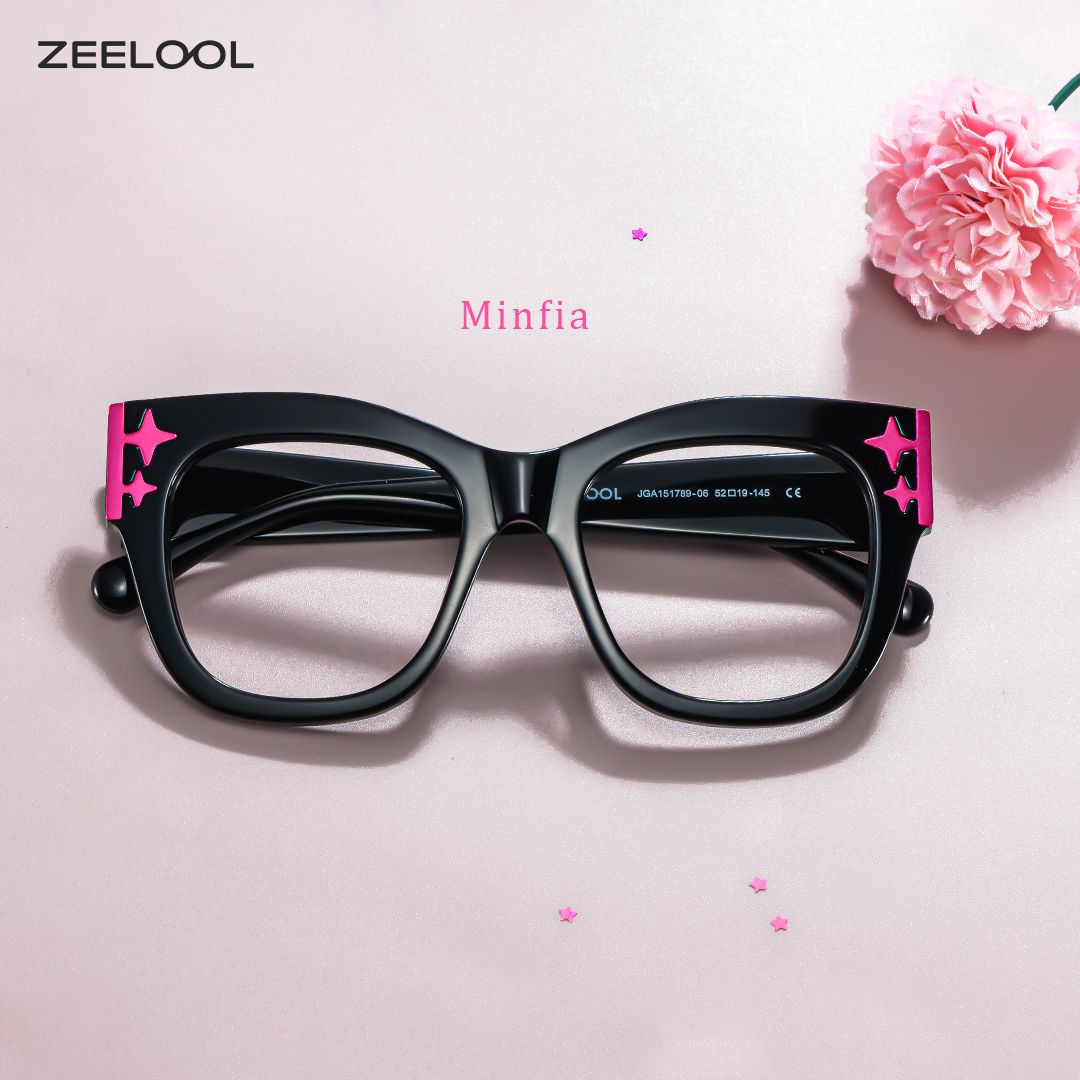 Minfia Schwarz-Rosa Quadratisch Acetat Brille1