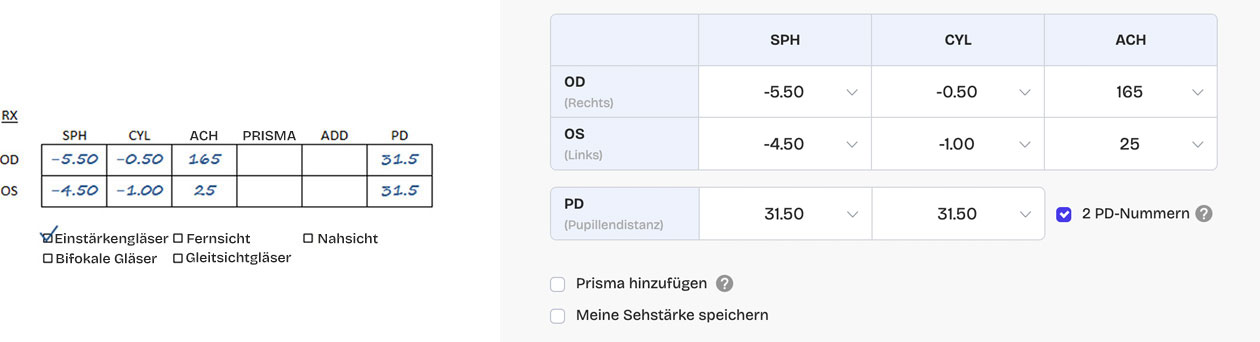 Beispiel für Einstärkenbrille-Rezept 2